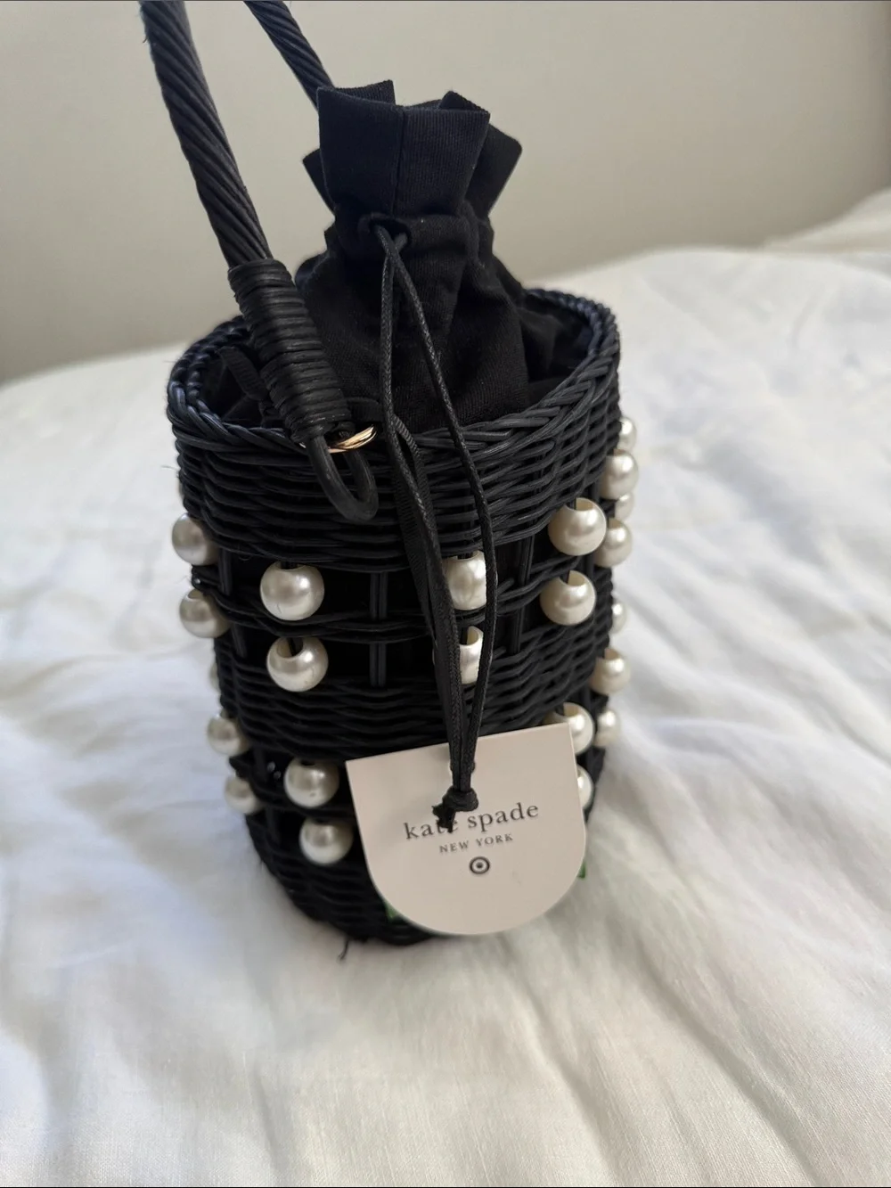 kate spade Black Wicker Bucket Bag with Pearl Accents